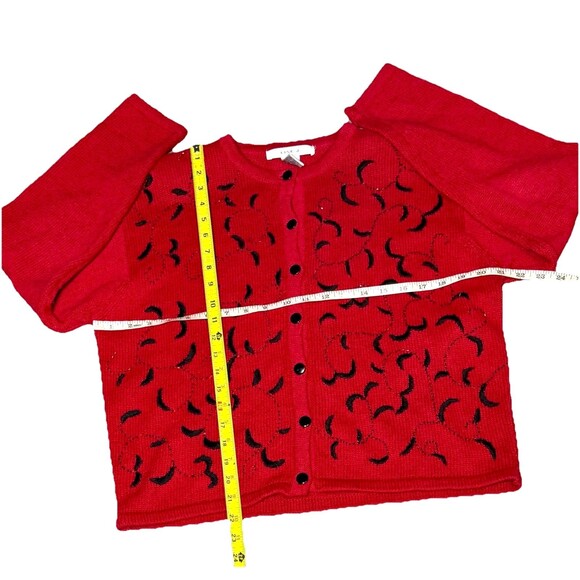 LISE J. Red Granny Cardigan Embroidered Beaded Large Ramie Cotton Long Sleeve - Picture 5 of 6